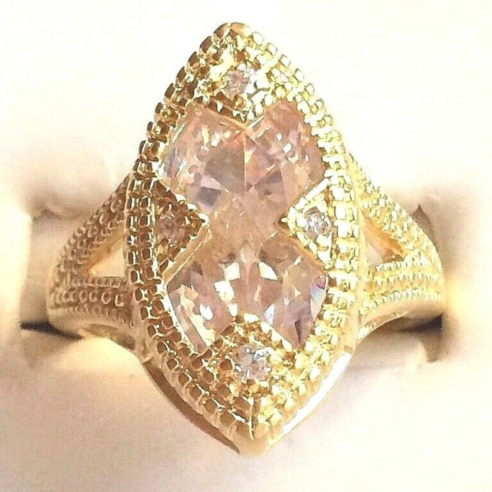 Art Deco Cocktail Ring Size 9 Gold Plated Marquis Cubic Zirconia Statement